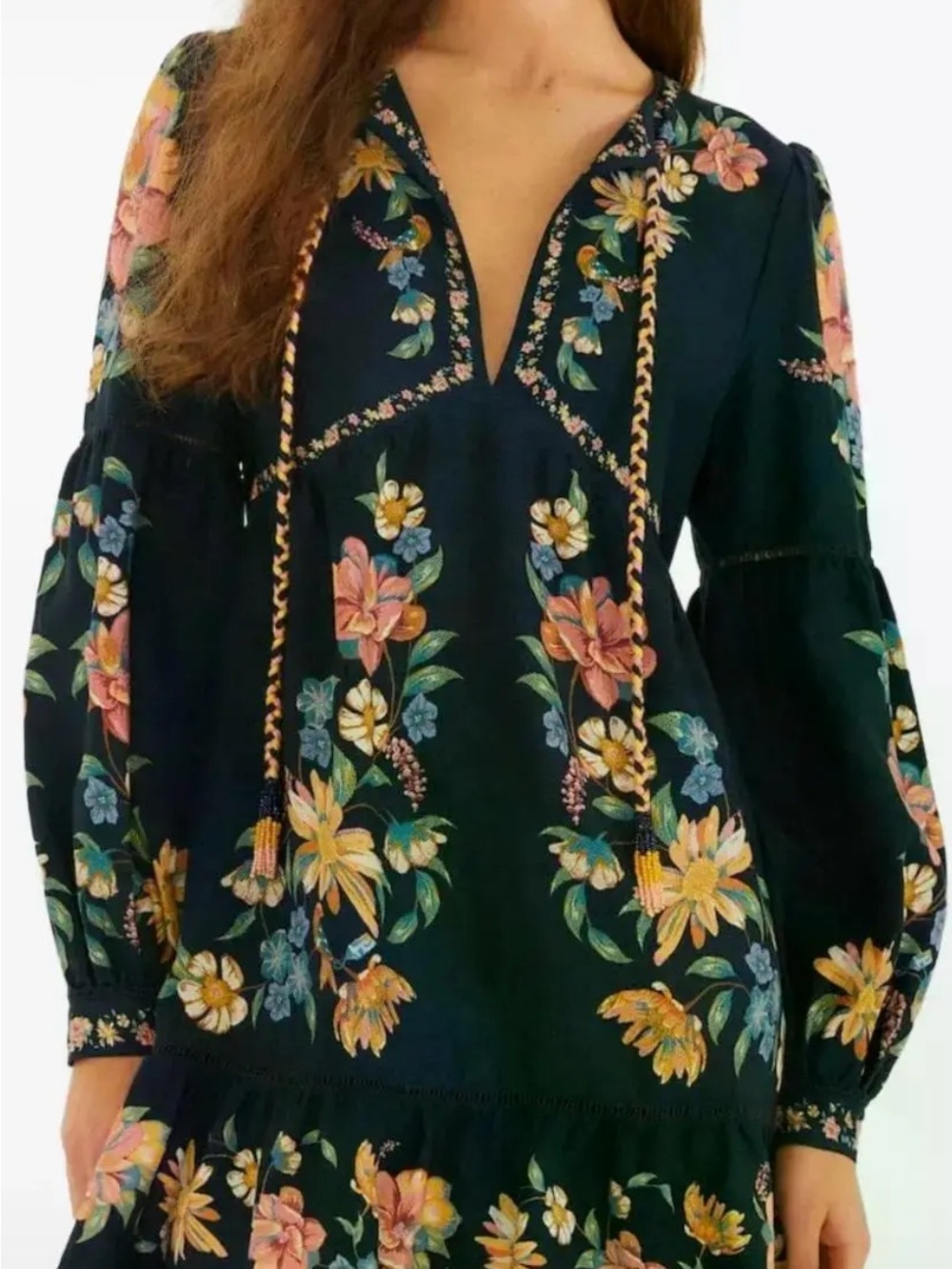 FARM Rio Navy Maria Floral V-Neck Peasant Top with Tassel Tie